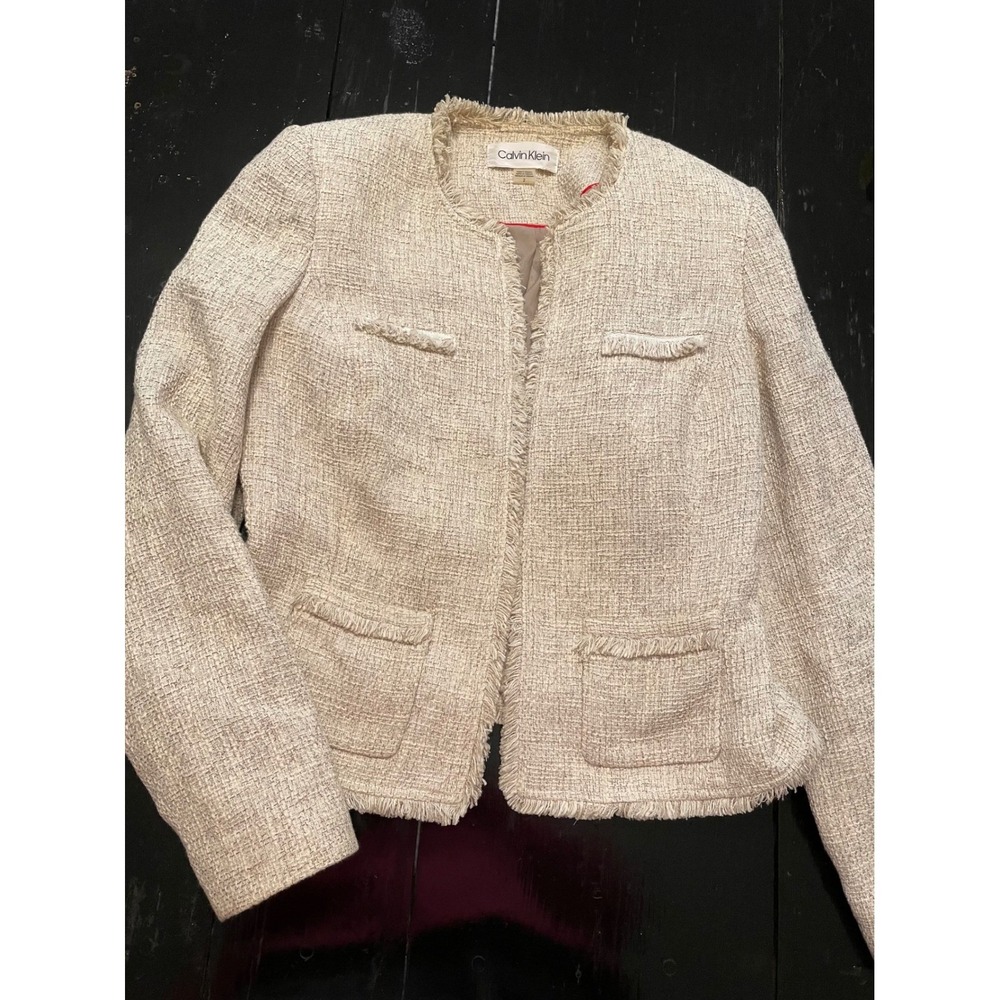 Calvin Klein Womens Tweed Jacket Blazer Collarless Fringe Trim Beige Size 2